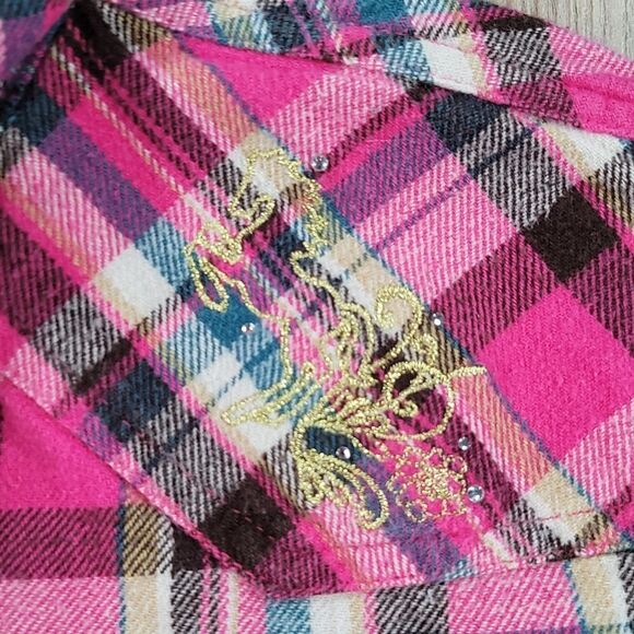 🔺️Bit & Bridle Pink Plaid Flannel Long Sleeve Shirt w/Chest Pockets Medium - Picture 5 of 12